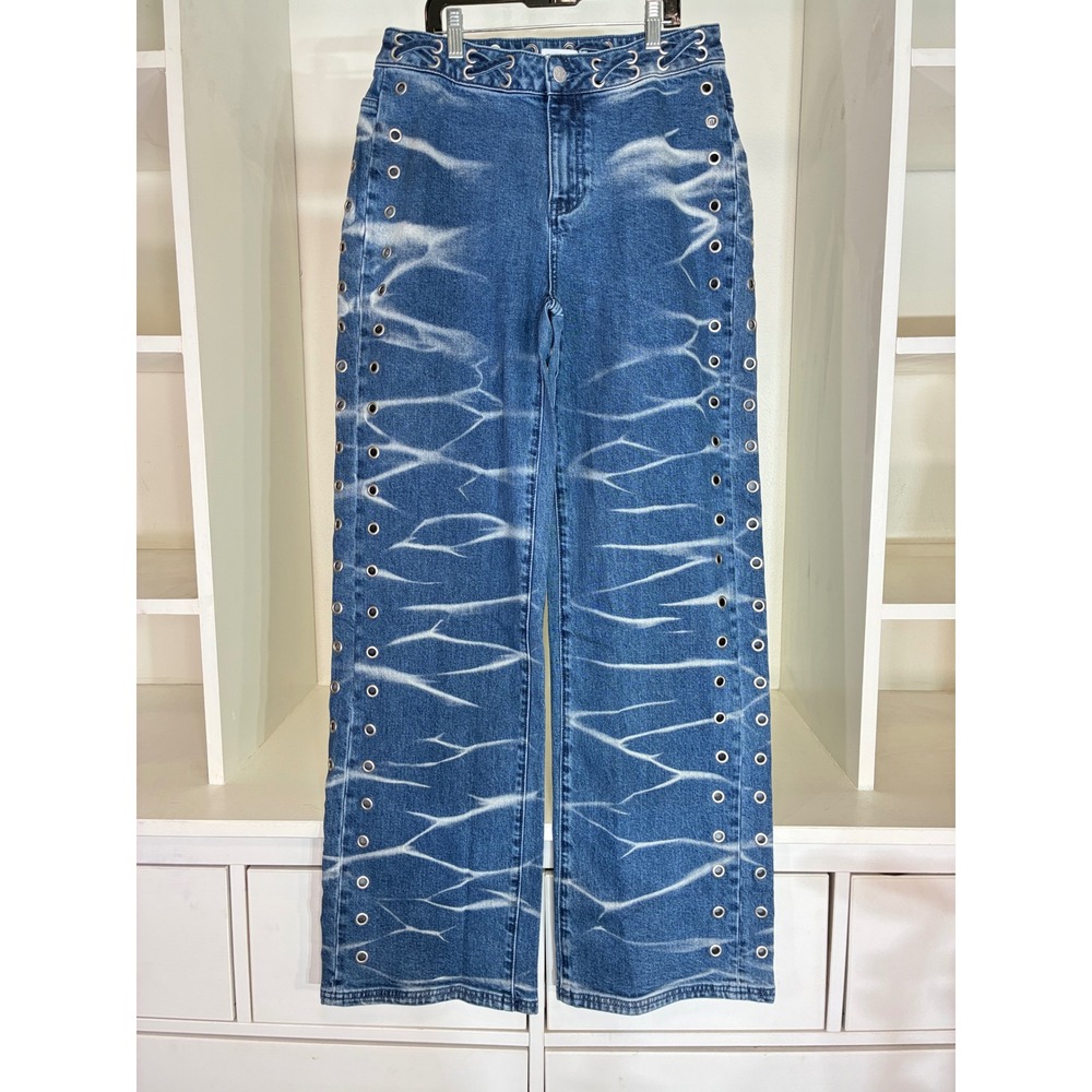 Outcast Parker Jeans Women Size S Blue Whiskered Grommet Detail Straight Leg